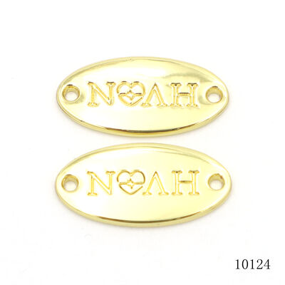 Custom Embossed Oval Two-Hole Metal Logo Tag | Gold Plated Garment & Leather Hardware