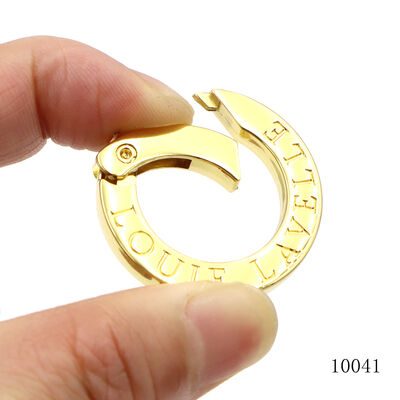 Gold Plating Spring Ring Clasp Engraved Logo 30mm Metal Circular Carabiner Clips for Bags Accessories