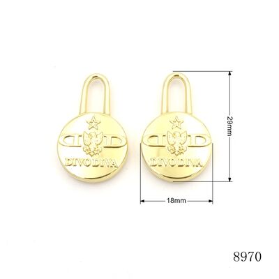 Clear Brand Logo Engraved Metal Zip Puller Tag Round Shape Shiny Gold Metal Zipper Puller For Handbag Hardware Accessories 