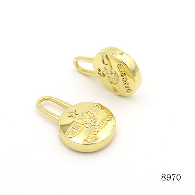 Clear Brand Logo Engraved Metal Zip Puller Tag Round Shape Shiny Gold Metal Zipper Puller For Handbag Hardware Accessories 