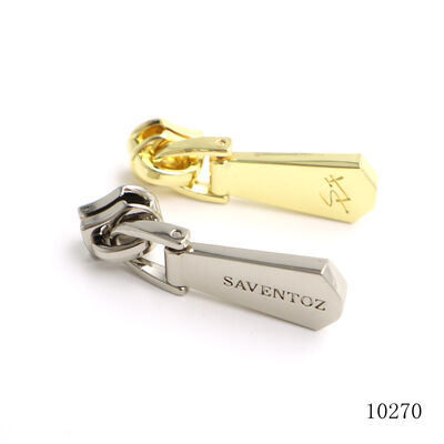 Brand Logo Engraved Nickel Gold Metal Zipper Puller Accessories Customized Long Shape Logo Engraved Metal Logo Zipper Puller Label For Handbag