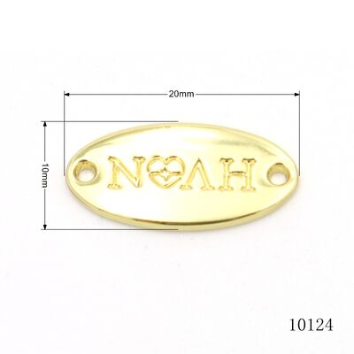 Custom Embossed Oval Two-Hole Metal Logo Tag | Gold Plated Garment & Leather Hardware