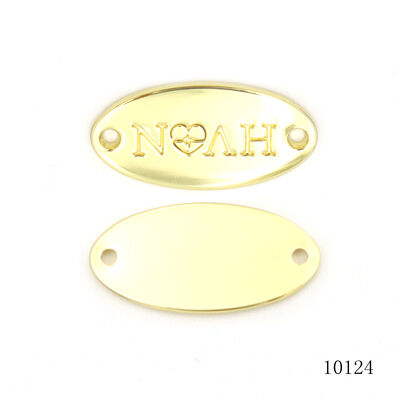 Custom Embossed Oval Two-Hole Metal Logo Tag | Gold Plated Garment & Leather Hardware