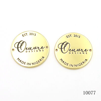 Gold Metal Logo Tag 38mm Custom Logo Name Tags Round With Black Oil Text Bag Charms